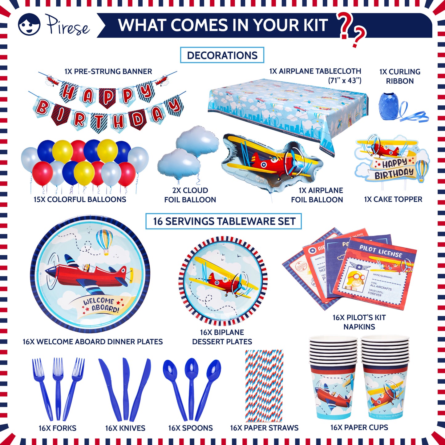 Pirese Airplane Birthday Decorations and Supplies Kit