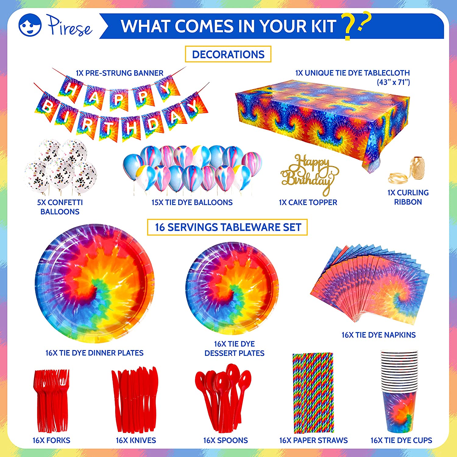 Tie Dye Birthday Party Tableware Kit For 16 Guests